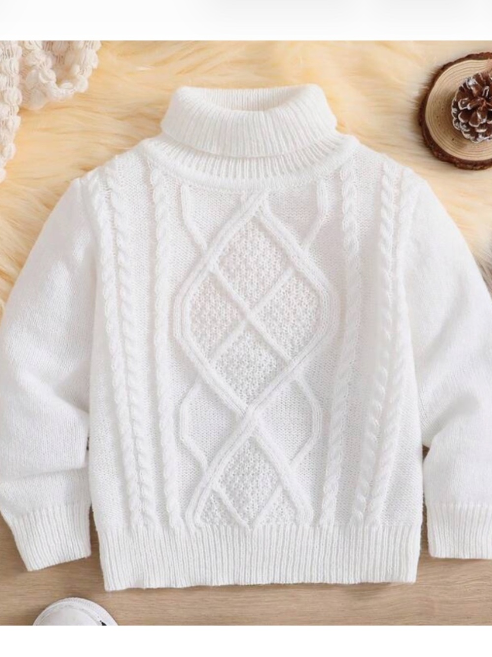 Kids White TurtleNeck Pullover CableKnit Sweater 18-24M